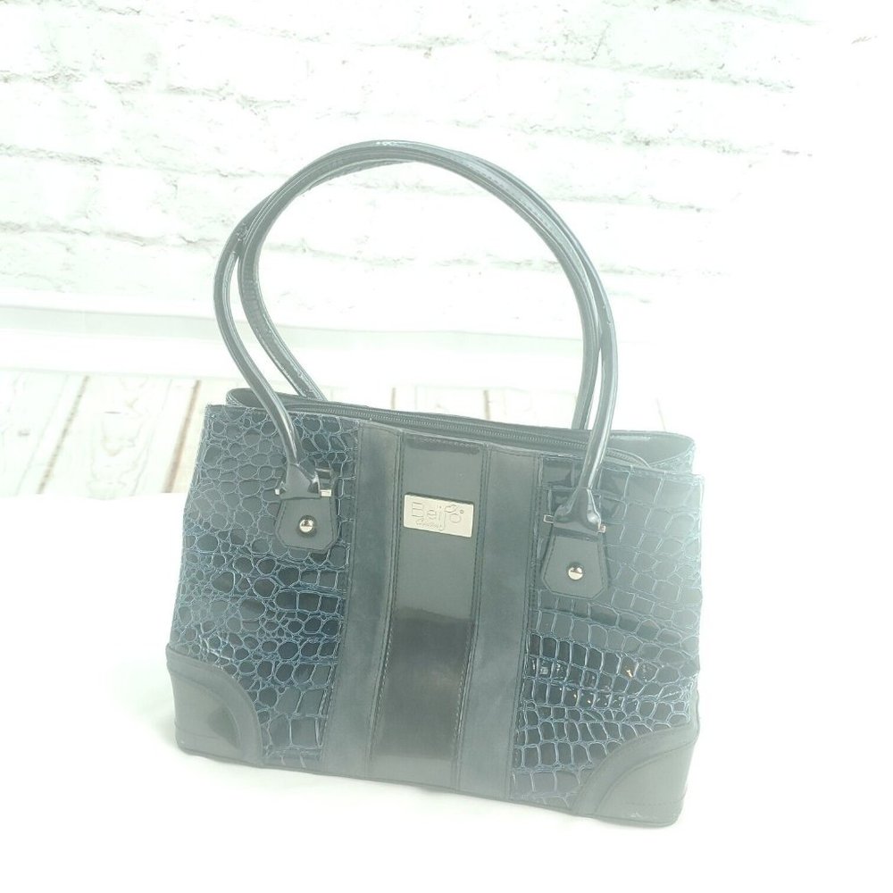 Beijo Womens Navy Blue Faux Croc Print Embossed Magnetic Double Strap Handbag